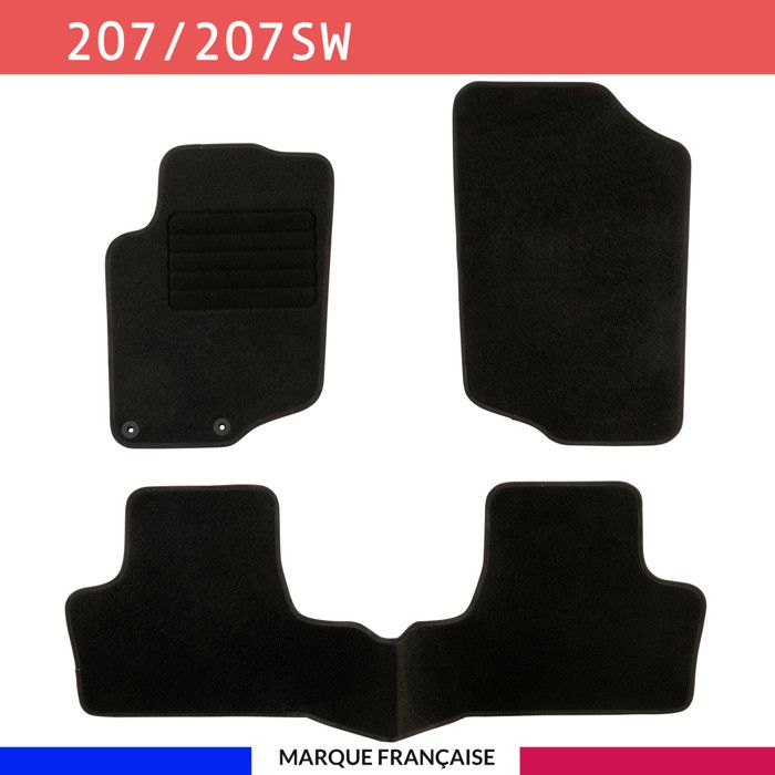 Tapis de sol voiture - Sur mesure pour PEUGEOT 207 / 207 SW / 207 + (04/2006-06/2014) Antidérapant - 3 pièces