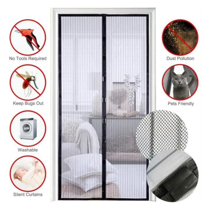 Moustiquaire Pour Porte 190 X 260 Cm, Auto-Adhésif Rideau En Maille, Rideaux Anti Mouche Avec Bandes Magnétiques Avec Ruban Adhésif Pour Porte Ou