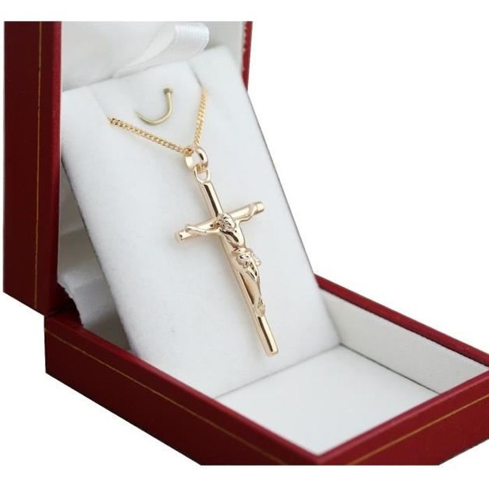 Collier Croix ronde chrétienne Jesus en plaqué Or ensemble pendentif avec chaine 50cm pour homme femme ado et boite pour offrir