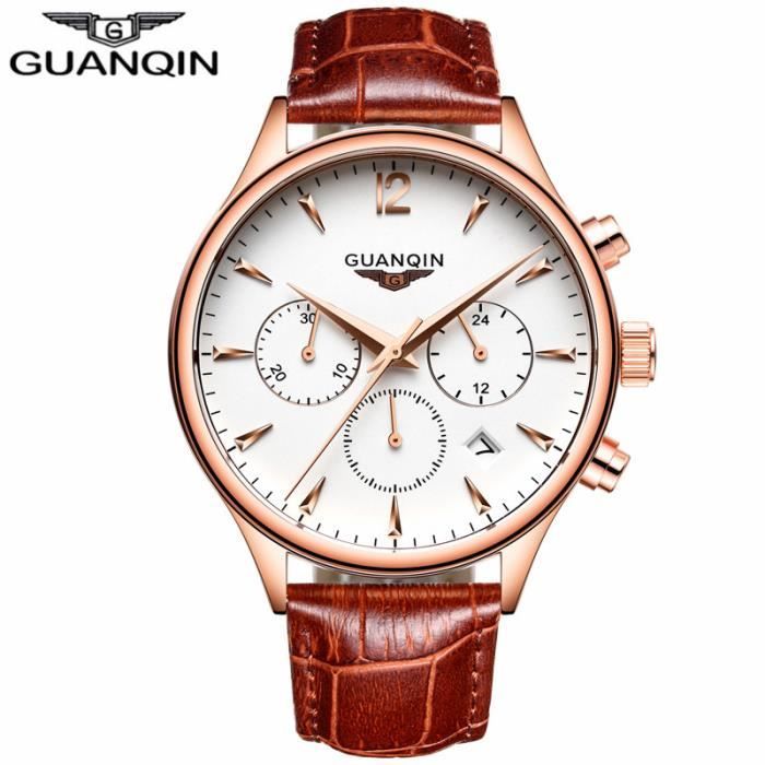 GUANQIN Marque GS19023 Chronographe Calendrier Quartz Montre Hommes Mode Casual Bracelet En Cuir Montre-Bracelet Brown Gold White