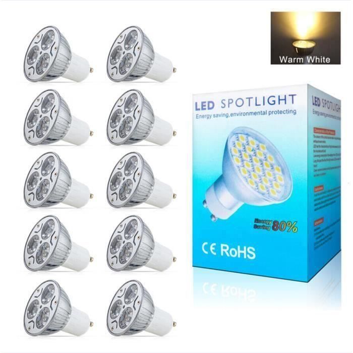 TLD Lot de 10 ampoules spots à LED à basse consommation et forte puissance Blanc chaud 2800 à 3000 K Culot GU10 3W 360 lm