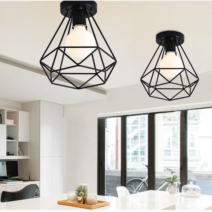 2 Pack E27 Plafonniers Industrielles Métal Cage Noir Vintage Suspension forme Diamant Rétro Luminaire d'eclairage68
