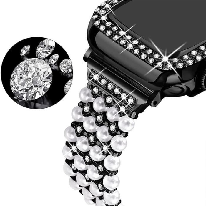Connecteur De Bracelet Pour Apple Watch Series 3-2-1 42Mm Perle Strass Decor Métal Bracelet + Hollow Out Pc Watch,Noir