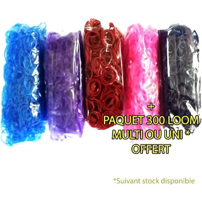 Lot de 5 Paquets de 600 élastiques loom - Bleu marine / Rouge bordeaux / Violet / Bleu & Rose glitter - Avec connecteurs