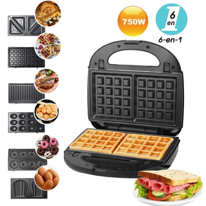 Gaufrier Multifonction Croque Monsieur Machine à Sandwich Gaufrier 6 en 1 Grille de Contact 750W Noir VINTEKY®