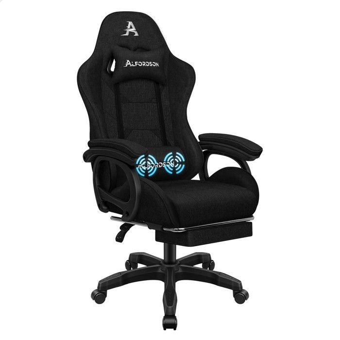 Siège Gaming Fauteuil De Jeu Massant ALFORDSON THOR - Repose-pieds, Inclinaison 150°, Capacité 180 Kg - Tissu Lin, Noir - Pour Gaming Et Bureau Chaise Ordinateur Confortable