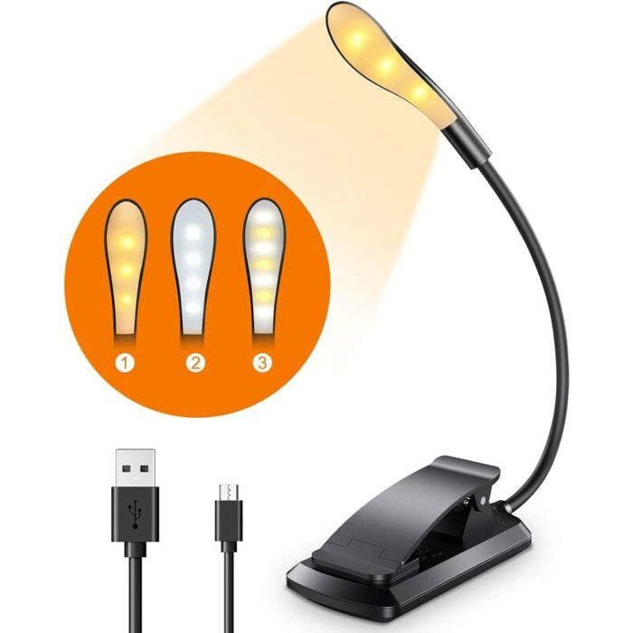 Lampe de Lecture 7 LED USB Rechargeable Lampe Livre à Pince avec 9 Modes dÉclairage (3 Couleurs: Chaud Froid & Naturel) 360°