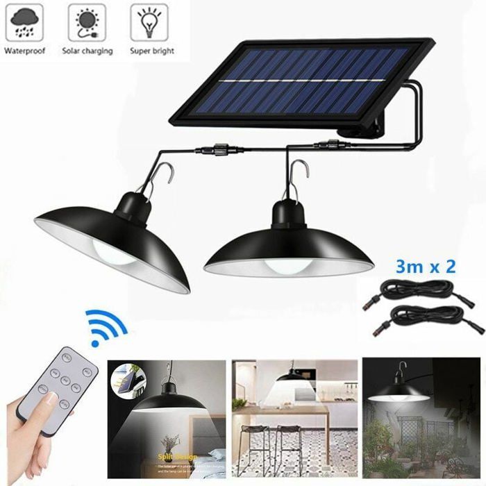 Lustre lampes solaires avec télécommande étanche 2 têtes Câble 3 m Lumière blanche