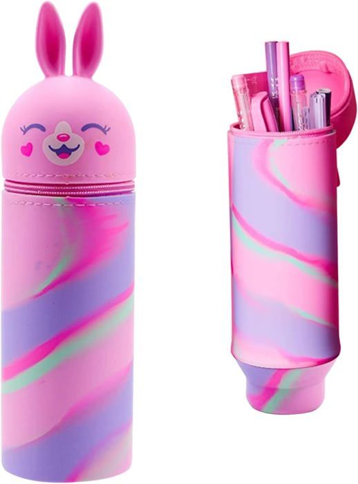 HTGWCG Trousse Scolaire Kawaii 2-en-1 Silicone – Trousse Verticale Chat Rose Mignonne, Étui Rétractable Fermeture Éclair, Idéal Enfants & Étudiants