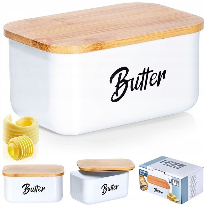 Beurrier - Vilde - 15x10x7.5cm - Acier blanc - Couvercle en bambou - Design classique