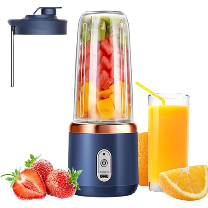 Blender Portable Tasse individuelle avec couvercle-TêTe De Coupe En Acier Inoxydable à 6 Lames-400ml-Bleu
