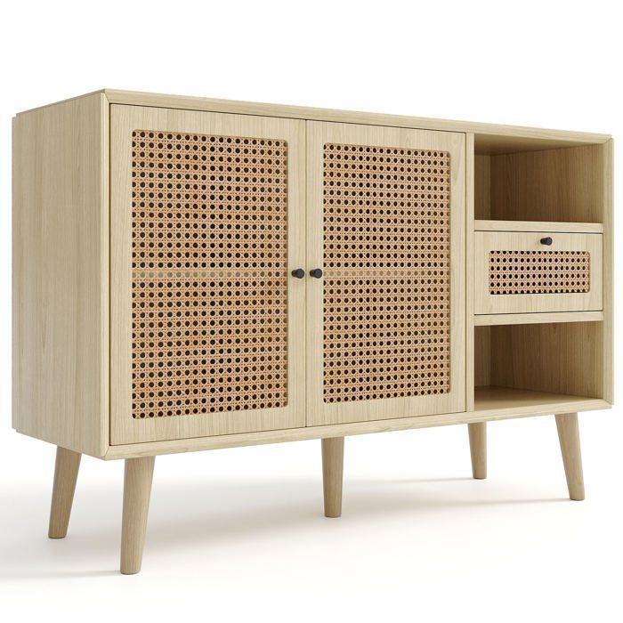 MEUBLES COSY Buffet en bois avec 1 tiroir et 2 portes en rotin étagères réglables et pieds en bois massif – 120x40x80 cm MEUBLES COSY Buffet en bois avec 1 tiroir et 2 portes en rotin étagères réglables et pieds en bois massif – 120x40x80 cm