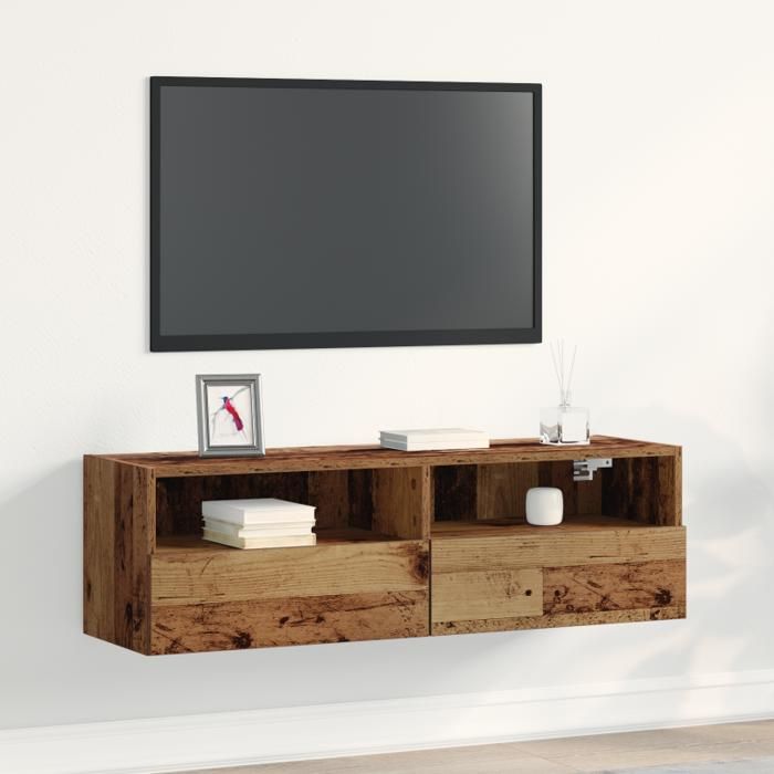Meuble TV mural - Bois ancien - 100x30x30 cm - 2 portes - Pour TV jusquà 55 pouces