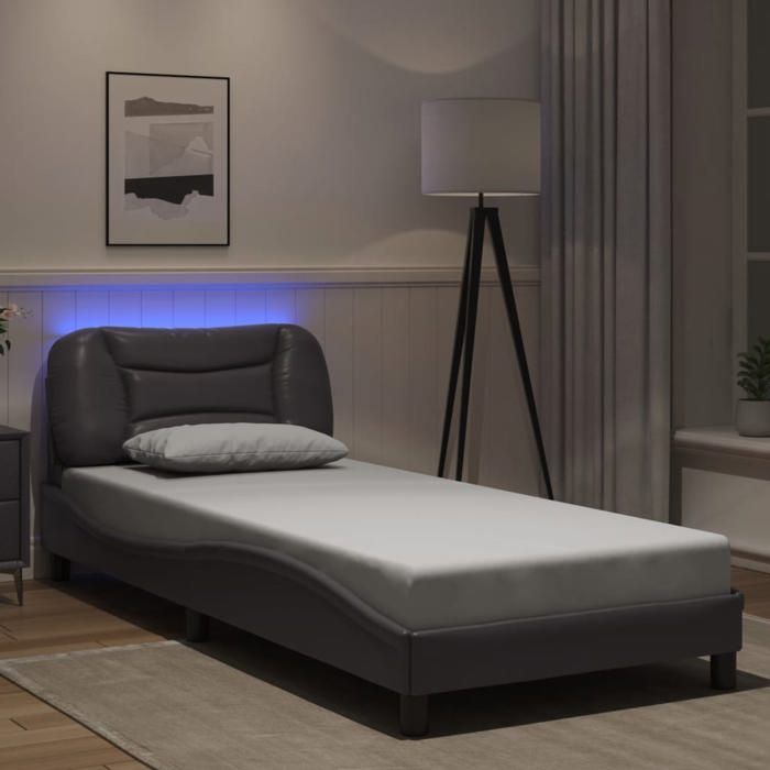 CLARENCE® Cadre de lit - (Taille unique) - Lit simple - avec LED - sans matelas - gris 80x200 cm - LV3831