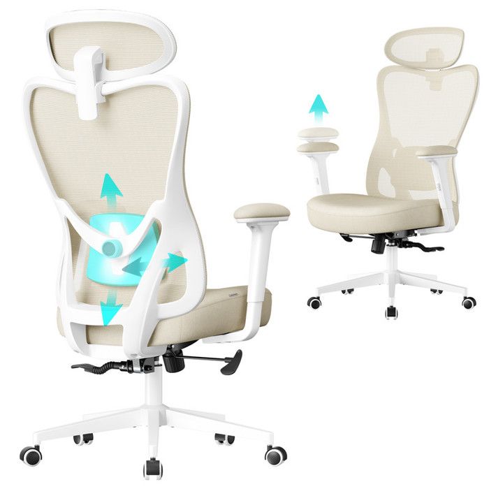 Chaise de Bureau Ergonomique - Beige Sable - Réglable - Soutien Lombaire - Appui-Tête