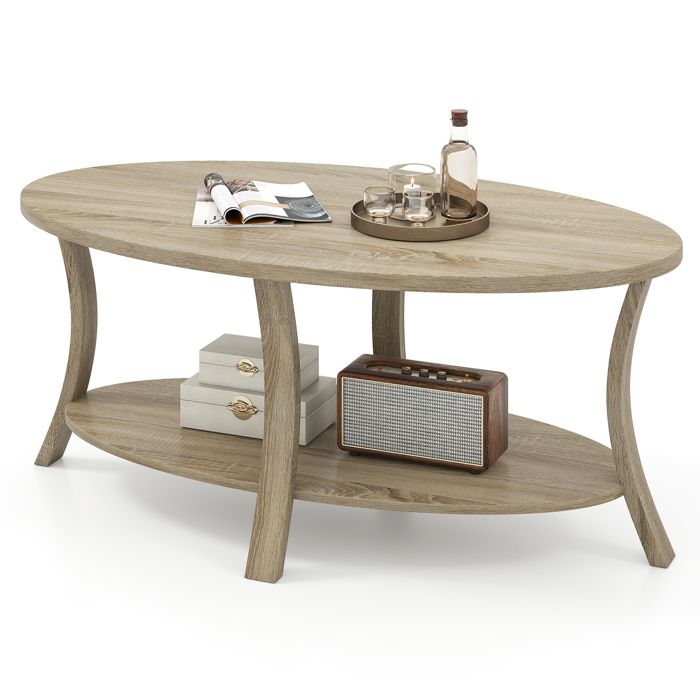 Table Basse Ovale à 2 Niveaux COSTWAY Table Basse Bois dHévéa Étagère de Rangement Table Basse Salon Charge 160 kg Naturel