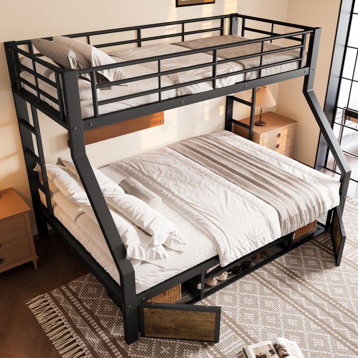 Lit superposé 90x200cm+140x200cm - Étagère à chaussures - Compartiments de rangement - Barrières de sécurité - Blanc(sans matelas)