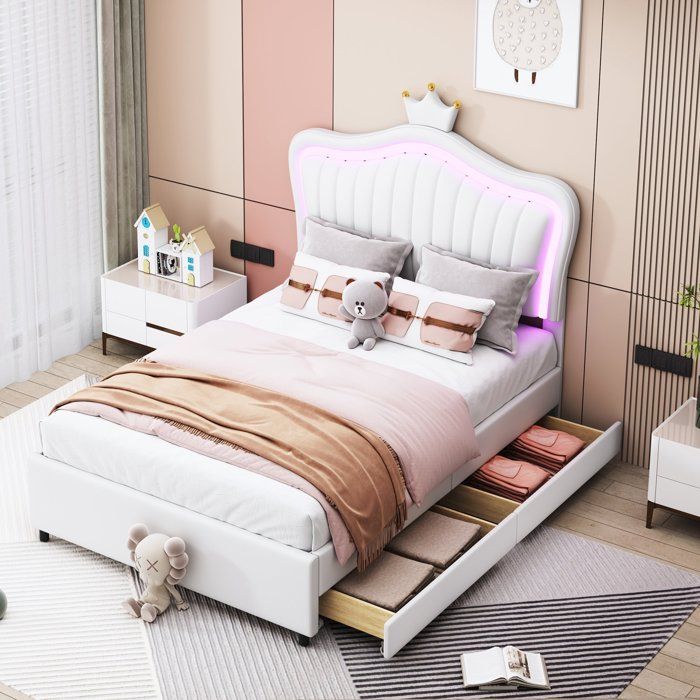 Lit enfant capitonné 90 x 200 cm avec tiroirs de rangement éclairage LED sommier à lattes motif couronne - Blanc