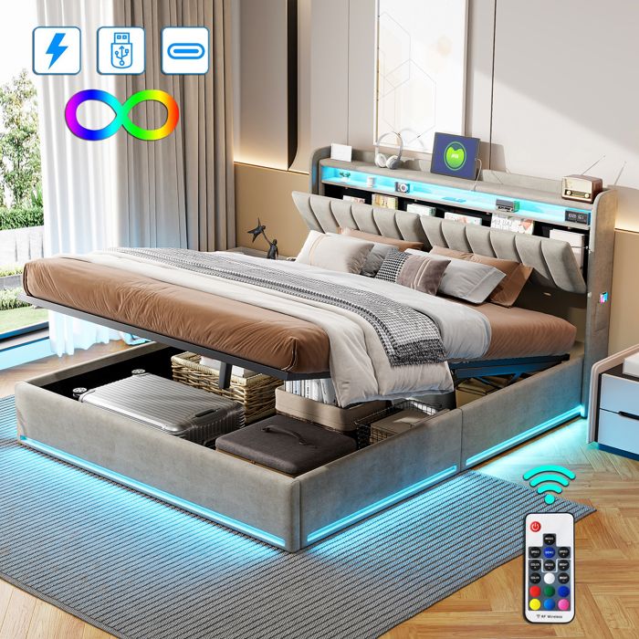 Lit Coffre - LUMINARIX - 140x190 cm - Éclairage LED - Recharge USB - Tissu velours gris
