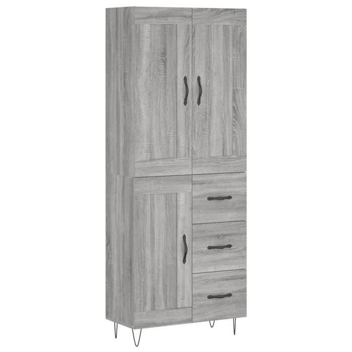 Buffet haut en bois dingénierie - GKO - Sonoma gris - 69 5x34x180 cm - Grand espace de rangement - Pieds en métal