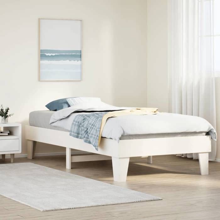 Structure de lit en bois de pin - UU - 90x200 cm - Blanc - Bois de pin massif - Sommier à lattes - Espace de rangement