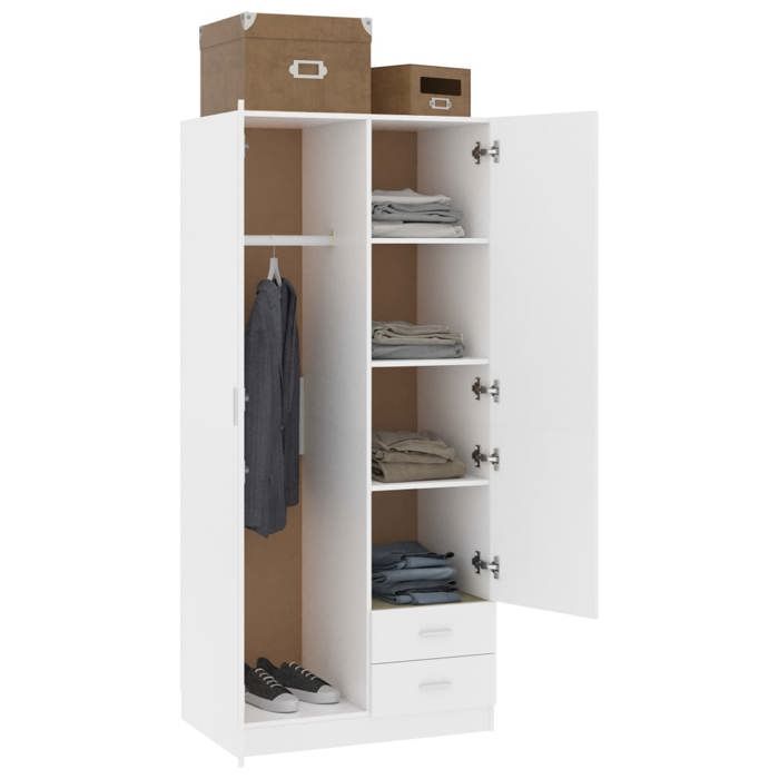 Garde-robe en bois dingénierie - WIENS - Blanc - 80x52x180 cm - 2 portes - 2 tiroirs - Compartiment haut
