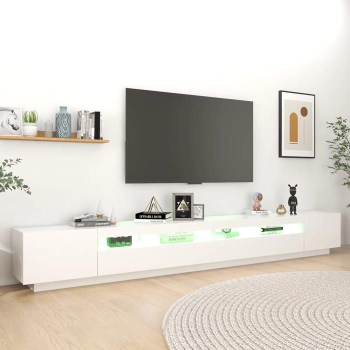 NEUF Armoire TV - Blanc - Meuble TV - TABLE TV - avec lumières LED - Blanc 300x35x40 cm - TT2890