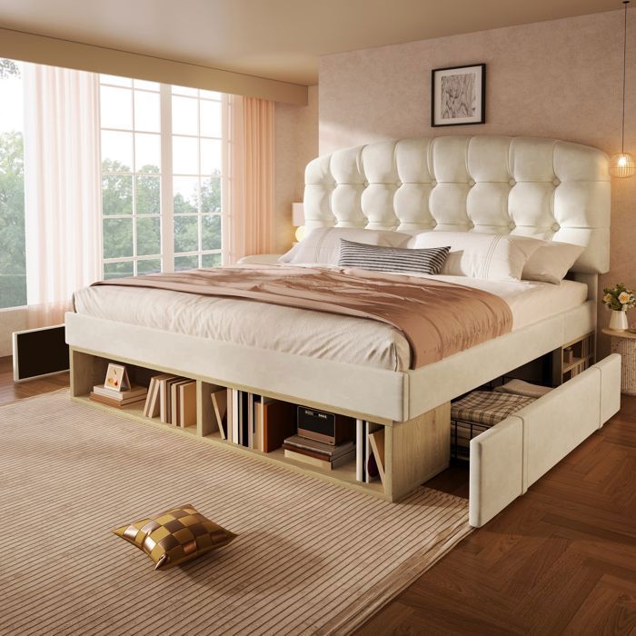 Lit double 140x190 - GENERIQUE - Tête réglable 3 positions - 2 grands tiroirs à roulettes - Sommier inclus - Velours beige