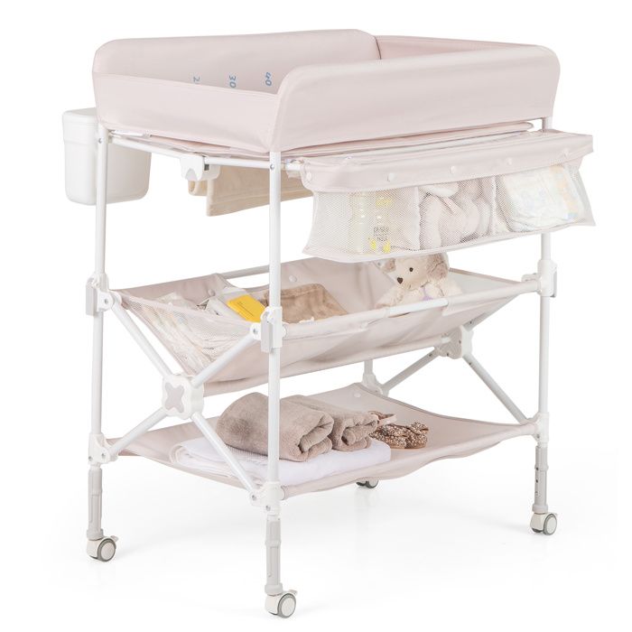 Table à Langer Pliante pour Bébé COSTWAY avec Roulettes Étagères Poubelle Station Imperméable Hauteur Réglable 11 kg Beige