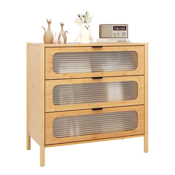 Commodes - HELLOSHOP26 - Commode 3 tiroirs 80 x 40 x 78 5 cm - Bambou - Fronts verre trempé - Kit antibasculement Commodes - HELLOSHOP26 - Commode 3 tiroirs 80 x 40 x 78 5 cm - Bambou - Fronts verre trempé - Kit antibasculement