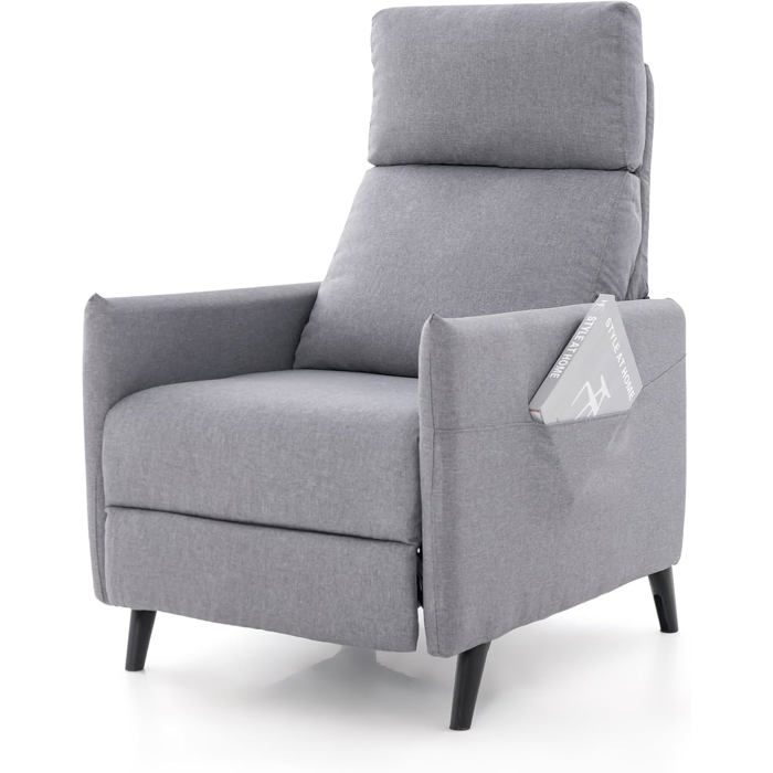 GIANTEX Fauteuil 1 Place Charge 120KG-Fauteuil en Tissu de Lin avec Dossier et Repose-Pieds Réglables-2 Poches pour Magazines Gris