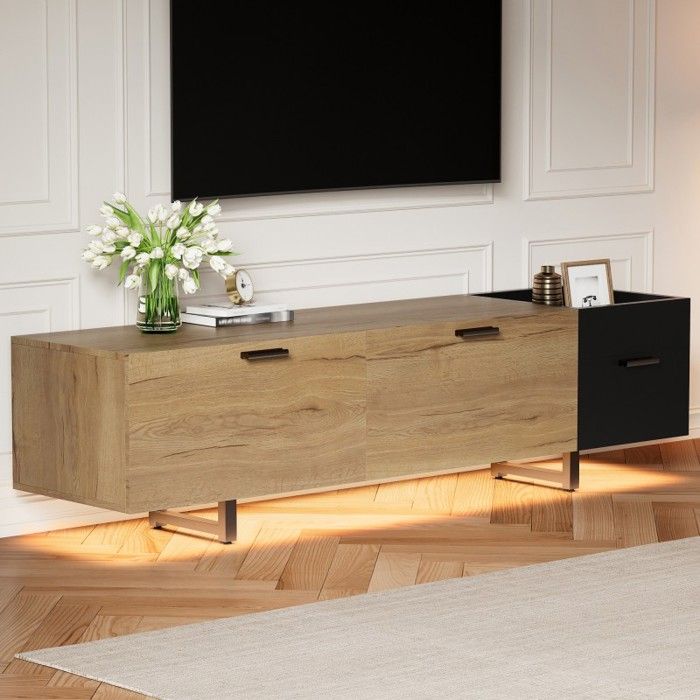 Meuble TV - LANGTU - 180 cm - Bois naturel & noir - Pieds métal 16 cm - Rangement compartimenté