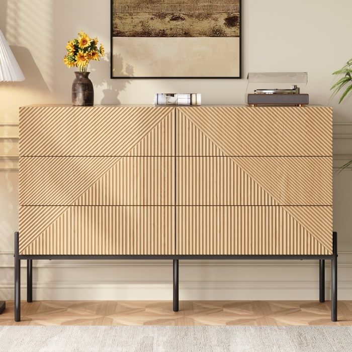 Buffet en bois rétro Buffet bas Meuble de rangement Buffet de salon Commode 6 tiroirs MDF Pieds en métal 115.5x38x75 cm