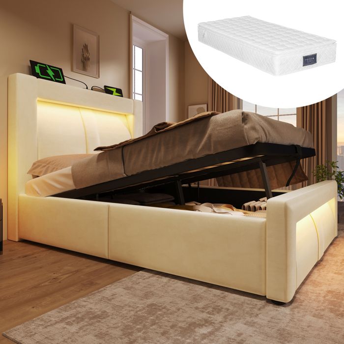 Lit simple - KOMHTOM - 90x200 - Velours beige - Matelas inclus - Rangement hydraulique LED & USB-C Lit simple - KOMHTOM - 90x200 - Velours beige - Matelas inclus - Rangement hydraulique LED & USB-C