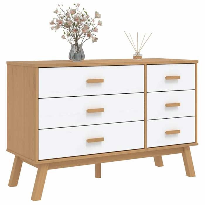 2026 dété@ Commode Armoire de chambre - JILLS - Buffet bas à tiroirs - OLDEN blanc et marron - Bois de pin solide LH7015