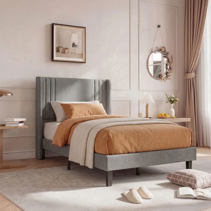 Lit Simple 90x200 cm Rembourré en Lin Sommier à Lattes Structure de lit Robuste Espace de Rangement style moderne gris