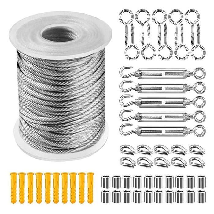 Kit de câble en acier inoxydable de 30 mètresavec tendeur et crochet idéal pour suspendre des luminaires ou des plantes grimpantes