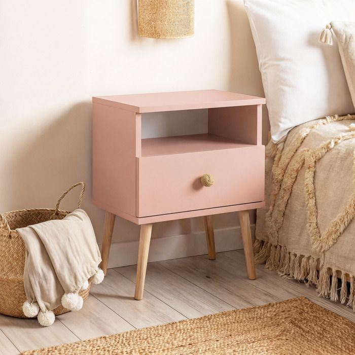 Tadble de chevet VALERIO - étagère et tiroir - Moderne - 44x31x56 cm - Rose
