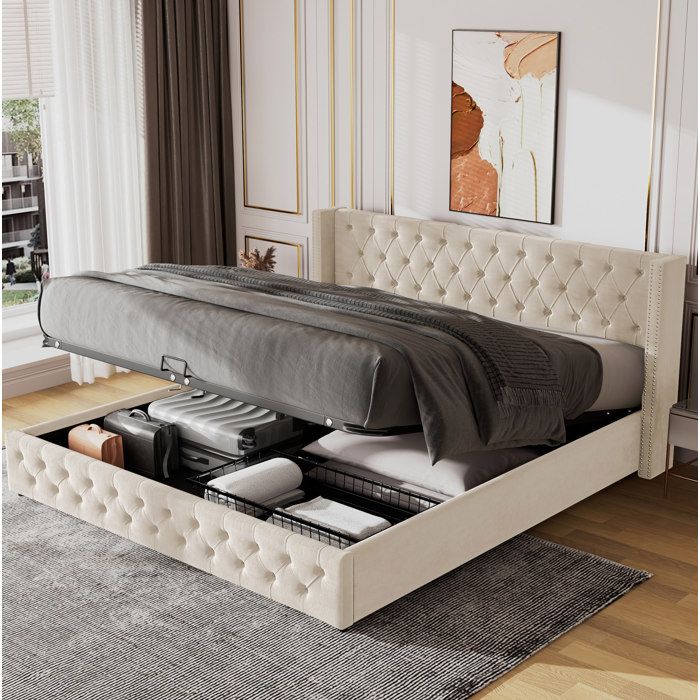 Lit coffre 140x200 cm – velours beige capitonné – tête de lit Chesterfield – sommier à lattes inclus