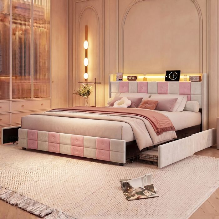 Lit capitonné 140x200 cm 4 tiroirs spacieux sommier à lattes stable velours blanc et rose sans matelas.