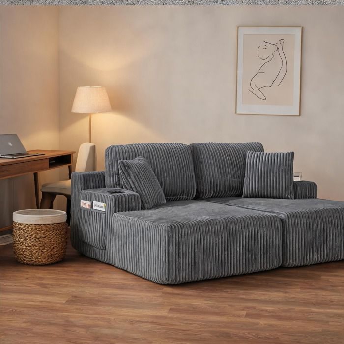 Tissu cordouan moelleux: canapé 2 places multifonction avec rangements latéraux coloris neutral gray