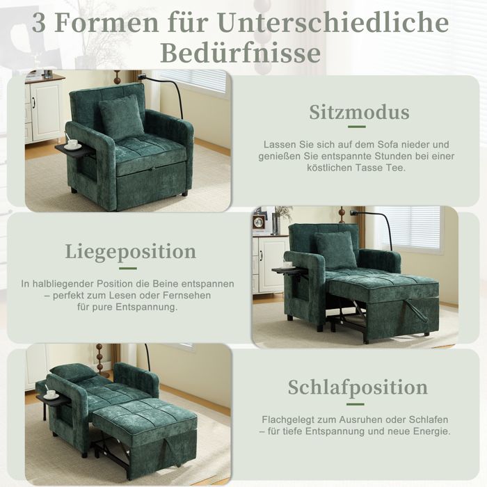 Fauteuil-lit convertible - Vert Chenille - Fonction deux-en-un - Dossier réglable 5 positions