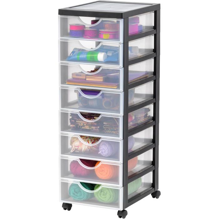 Tour de Rangement 8 Tiroirs Plastique Noir à Roulettes Format A4 Sans BPA Meuble Organisateur pour Bureau et Papeterie