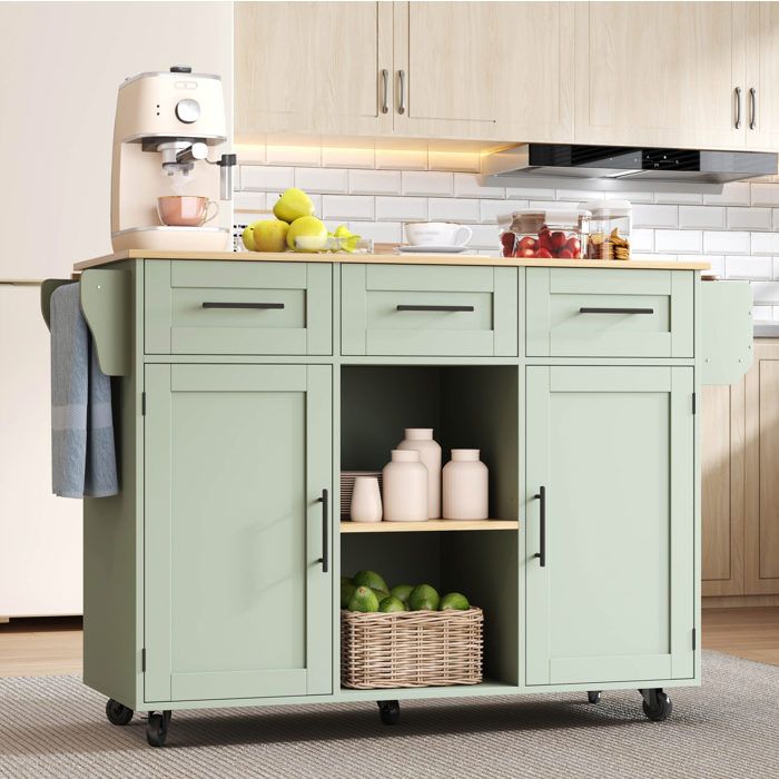 Desserte de Cuisine avec 3 Tiroirs 2 Portes Plan de Travail Rabattable Porte-serviettes et Roulettes en MDF Vert Antique