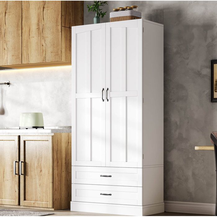 Armoire de cuisine haute blanche en MDF 180 x 80 x 37 5 cm 3 étagères coulissantes et 2 tiroirs