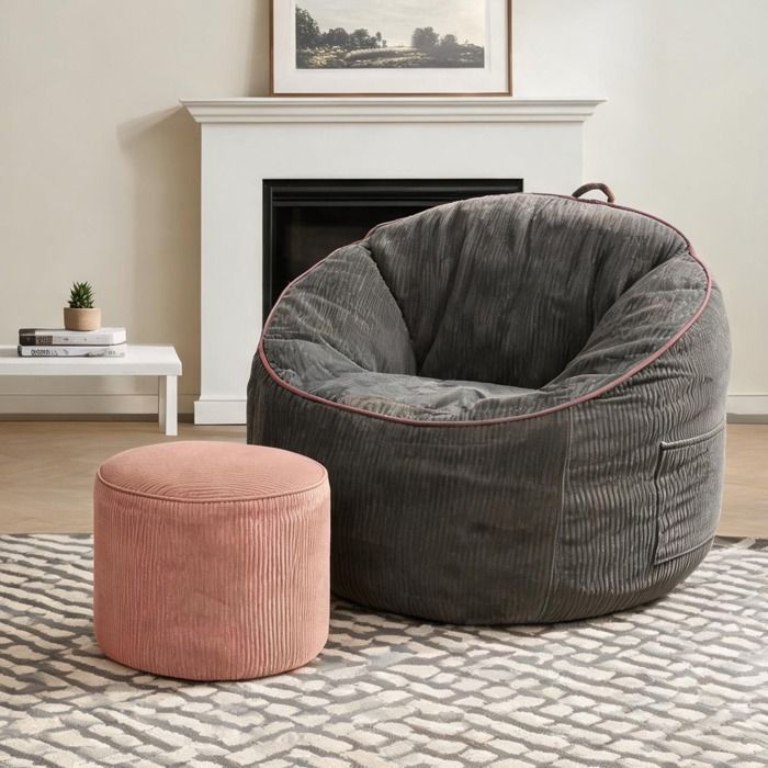 Fauteuil poire lounge avec pouf et rangement intégré flanelle classique gris 103 x 95 x 80 cm