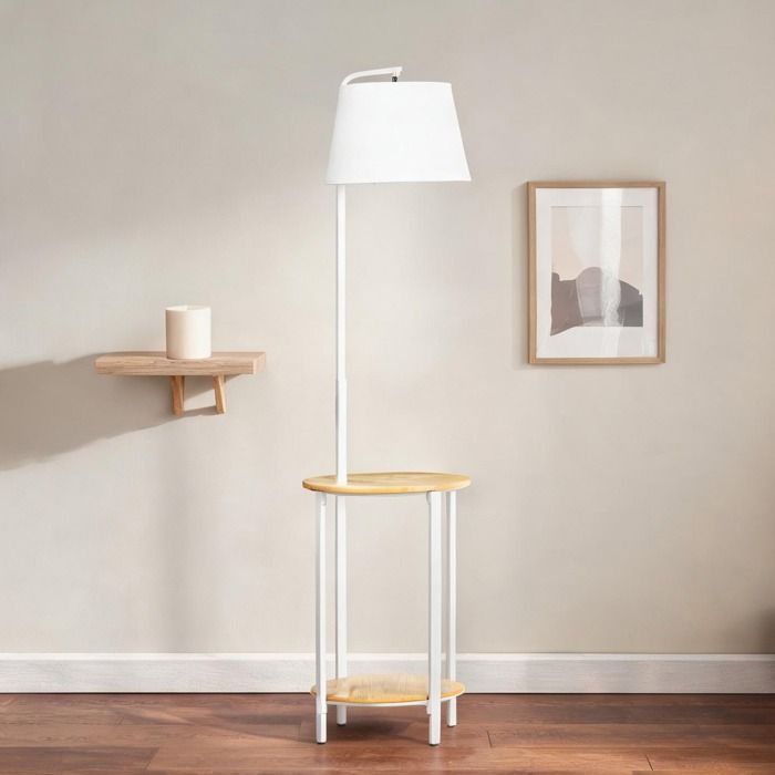 Lampadaire blanc à deux étagères en métal et bambou 162 cm idéal pour le salon