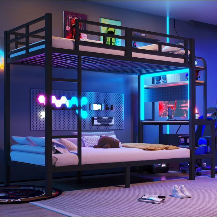 Modenuit Lit superposé 90x200 cm avec bureau rangements LED USB métal MDF noir