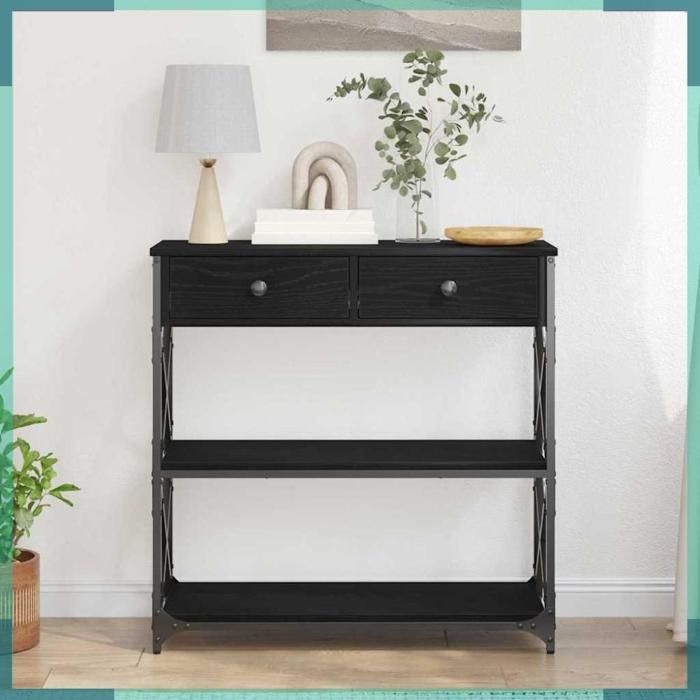 Table console - 863537 - Chêne noir - Avec tiroir et étagère - Structure acier et panneaux de particules