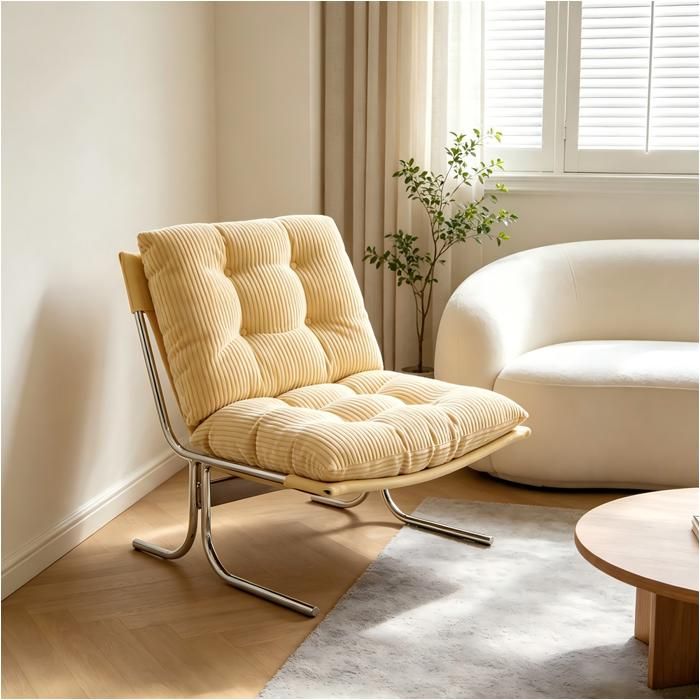 Fauteuil de Salon Design avec Coussin Rembourré en velours côtelé - Pieds métal - Fauteuil de Relax - Crème
